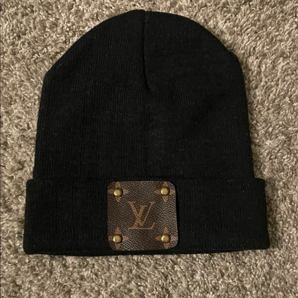 Upcycled Louis Vuitton logo Black Knit Hat with Brown Patch